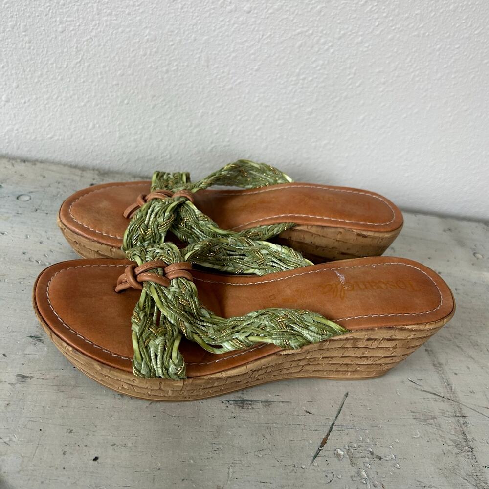 Toscanella leather and fabric platform cork flip flops made in Italy boho sage 7 - Picture 4 of 13